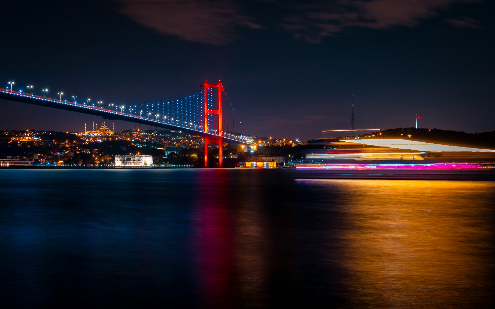 A long exposure photo of a bridge at night